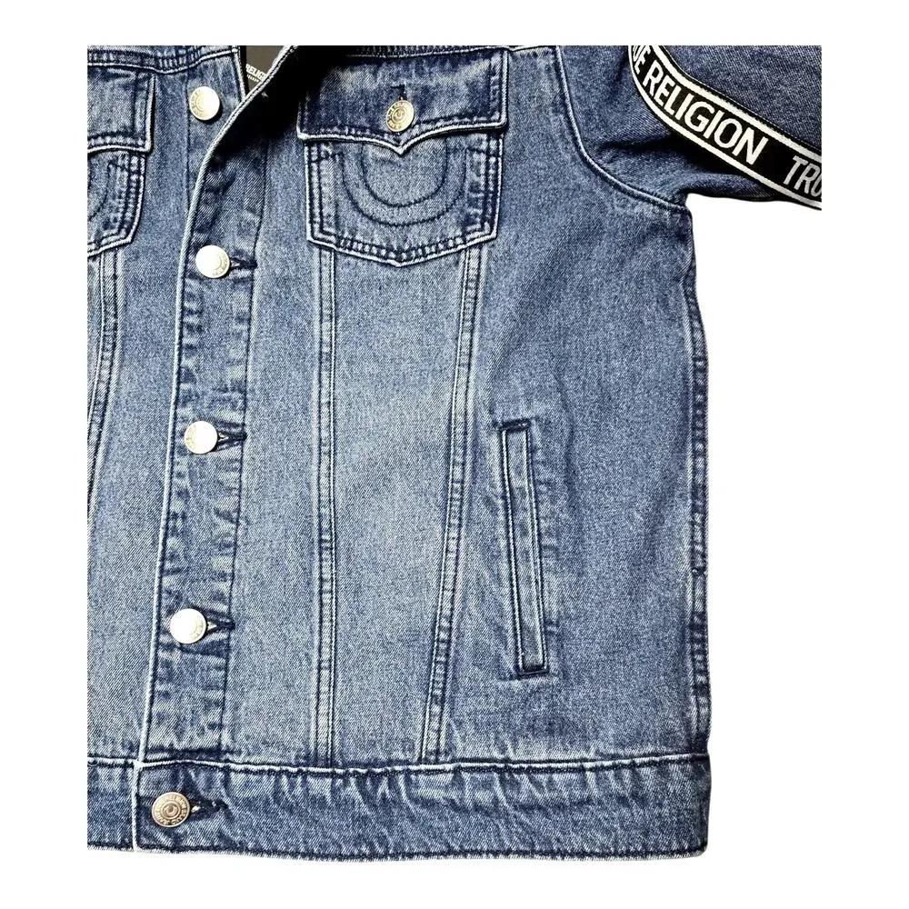 True Religion Men’s Denim Trucker Jacket Logo Taping Blue Jean Coat Large New
